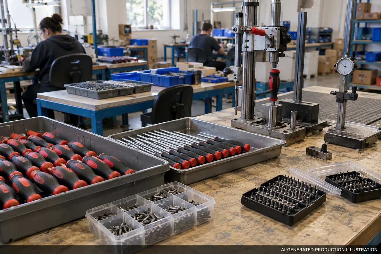 Manual Tools & Bit Sets production concept. AI-generated production illustration — not a photograph of our factory.