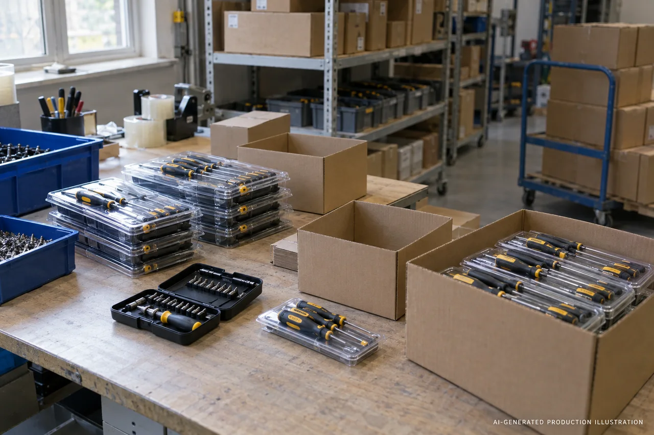 Manual Tools & Bit Sets — Packing and dispatch planning. AI-generated illustration, not an actual factory photograph.