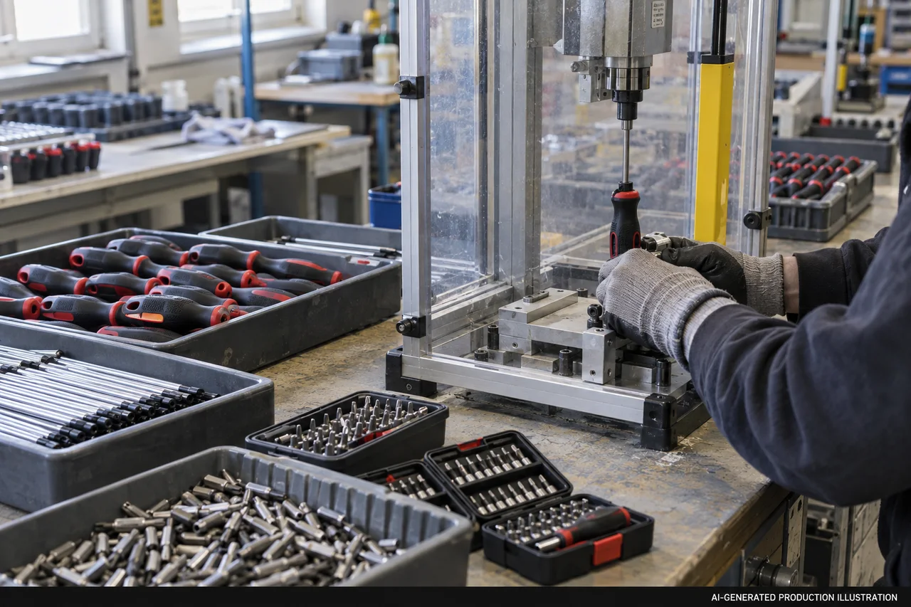 Manual Tools & Bit Sets — Illustrated production route. AI-generated illustration, not an actual factory photograph.