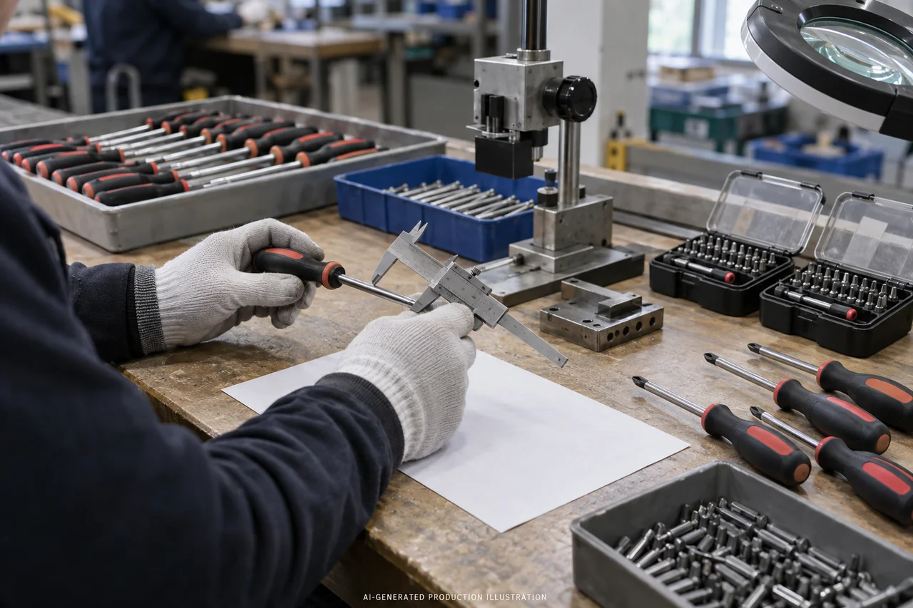 Manual Tools & Bit Sets — Sample and inspection planning. AI-generated illustration, not an actual factory photograph.